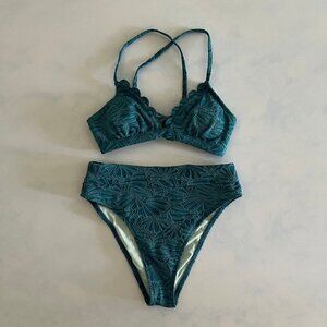 Cupshe Teal Blue Scalloped Cross Back High Waisted Bikini Swimsuit Size S NWOT